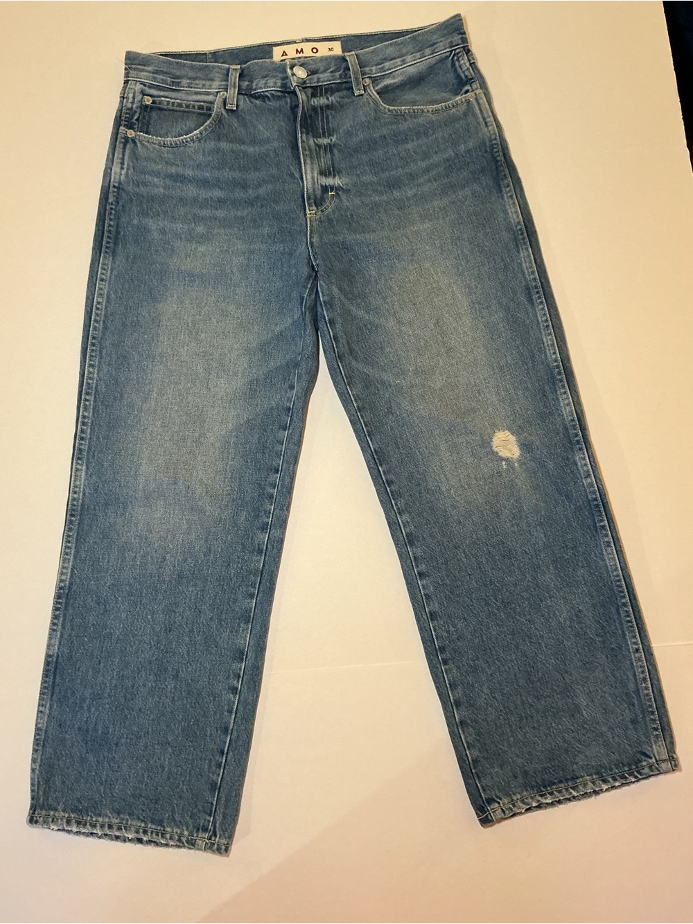 $304 AMO Denim Billie Crop Wide Straight Leg Distressed Jeans SZ 30